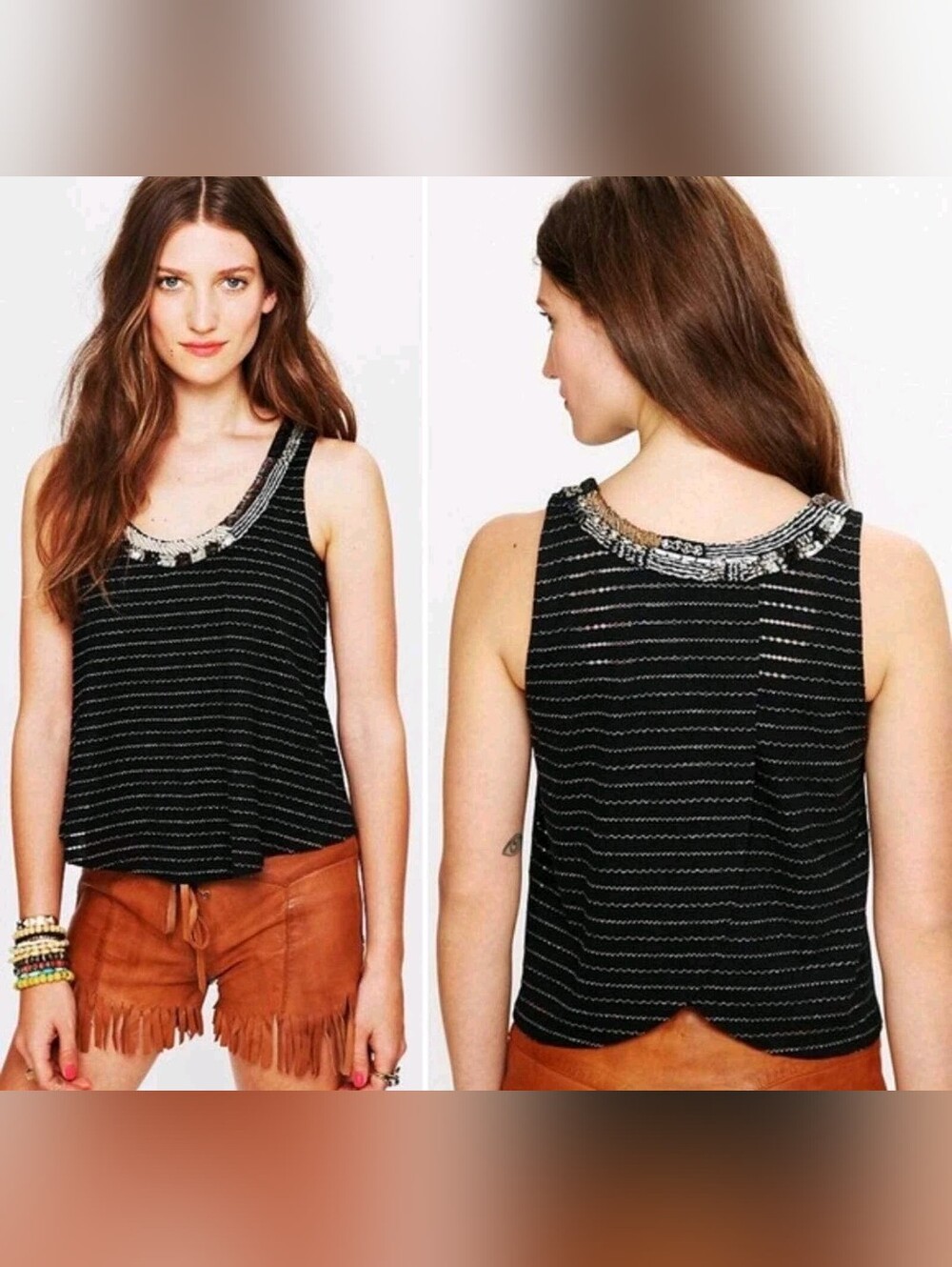 Free People Aztec Louie Split Back Beaded Tank Top Size Small